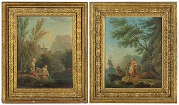 A Mountainous River Landscape With Women Bathing; And A Coastal Landscape With Fishermen Unloading Their Catch (2) - view 1