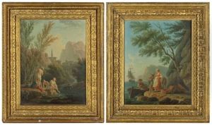 A Mountainous River Landscape With Women Bathing; And A Coastal Landscape With Fishermen Unloading Their Catch (2) by Vernet Claude Joseph