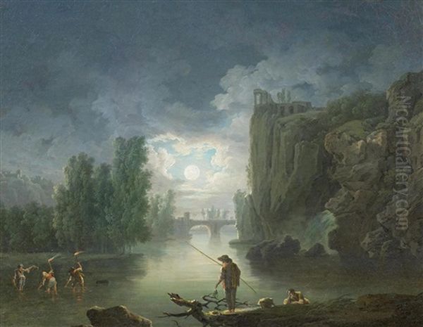 Flusslandschaft Mit Nachtlichen Fischern - view 1