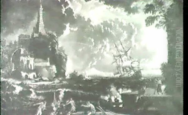 Marine Mit Dreimaster In Schwerer See Vor Sudlichem Hafen. - view 1