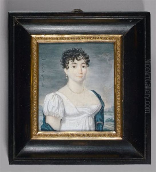 Portrait De Madame Felicite Vernet, Epouse De L'artiste, En Buste De Trois-quarts Vers La Droite, Presque De Face, En Robe De Voile Blanc A Haute Ceinture, Echarpe Bleue, Parure De Perles Et Coiffee De Boucles - view 1