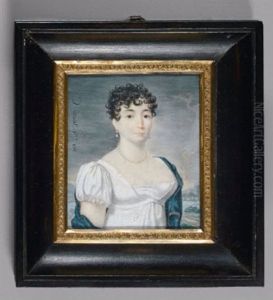 Portrait De Madame Felicite Vernet, Epouse De L'artiste, En Buste De Trois-quarts Vers La Droite, Presque De Face, En Robe De Voile Blanc A Haute Ceinture, Echarpe Bleue, Parure De Perles Et Coiffee De Boucles by Jules Vernet