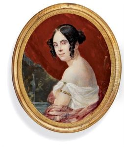 A Young Lady In White Dress With Gem-set Clasp At Her Shoulder A Young Lady In White Dress With Gem-set Clasp At Her Shoulder