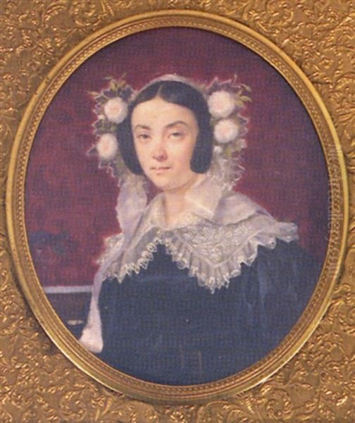 La Marquise De Croy Vetue D'une Robe De Soie Noire A Large Col De Dentelle Blanche Et Importante Coiffure Ornee De Fleurs Piquees Dans Des Tresses Relevees - view 1