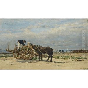 Horses And Wagon On Beach by Emile Louis Vernier