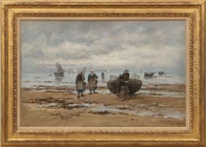 Fisherfolk On The Shore (pecheurs Sur La Plage) by Emile Louis Vernier