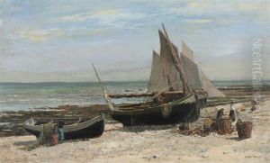 French Beach Scene With Fishing Boats And Woman Mending The Nets by Emile Louis Vernier