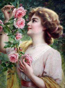 Lady Picking Pink Roses Lady Picking Pink Roses