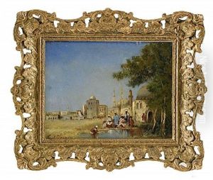 Orientalisk Stadsvy Med Figurscen I Forgrunden