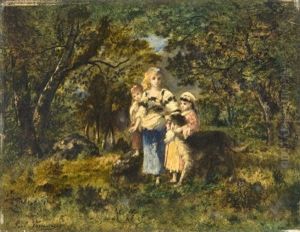 Fillettes Et Leur Chien Se Promenant Dans Une Foret Fillettes Et Leur Chien Se Promenant Dans Une Foret