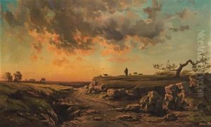 Goat Herder And Flock On A Low Bluff, Sunset