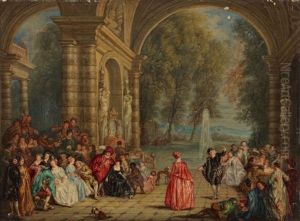 Assemblee De Personnages Dans Un Parc Et Quadrille En Plein Air (pair) (after Watteau)