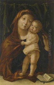 Madonna And Child, Before A Green Curtain With An Open Book by Liberale Da Verona