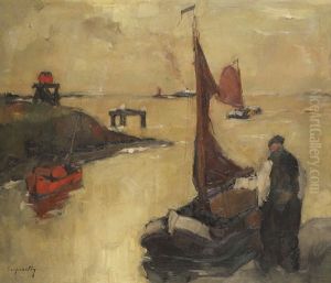 Vue De L'escaut Avec Estacade, Figure Et Bateaux De Peche by Oscar Verpoorten
