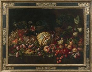 Melon, Peches Et Raisins Sur Un Entablement Et Composition Aux Melons, Pasteques, Figues Et Raisins (pair) by Agostino Verrocchi