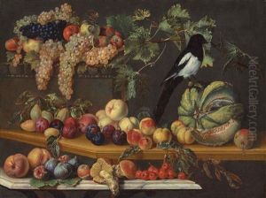 Peaches, Plums And A Melon On A Wooden Table, With A Magpie, Apples, Grapes And Other Fruit In The Background On A Stone Ledge, Ovoli Mushrooms... by Agostino Verrocchi