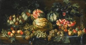 A Still Life With Apples, Grapes, Pears, Plums, All On A Partly-draped Ledge With Figs On A Dish And Watermelons by Agostino Verrocchi
