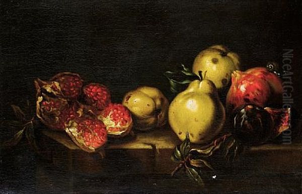 Quinces, Pomegranates And A Fig With A Snail On A Table Top - view 1