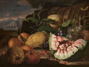 Nature Morte A La Pasteque Et Aux Fruits (+ Nature Morte A La Grenade Et Au Bouquet De Fleurs; Pair) by Agostino Verrocchi