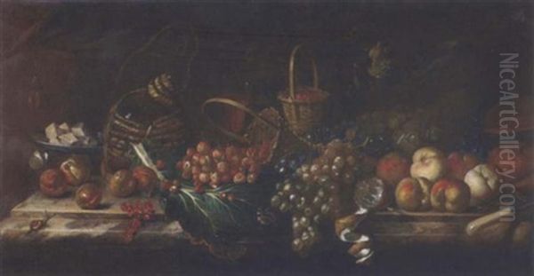 Strawberries, Peaches, Grapes, Melons, Redcurrants, A Partly-peeled Lemon, A Dish Of Cheese, A Bottle And Glass Of Wine On A Marble Ledge, With A Snail And A Butterfly - view 1