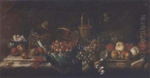 Strawberries, Peaches, Grapes, Melons, Redcurrants, A Partly-peeled Lemon, A Dish Of Cheese, A Bottle And Glass Of Wine On A Marble Ledge, With A Snail And A Butterfly by Agostino Verrocchi