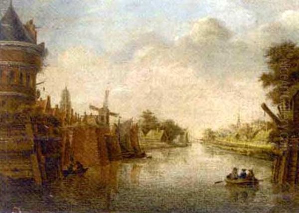 A Dutch Town On A Canal With Figures In A Boat - view 1