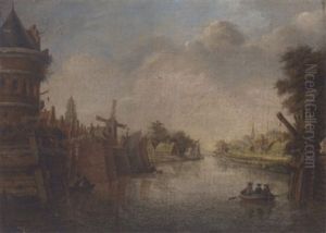 A Dutch Canal Side Town With Figures In A Boat by Theodor (Dirk) Verryck