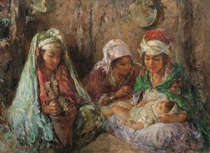 Young Women With A Baby In An Interior In Algeria by Edouard Verschaffelt