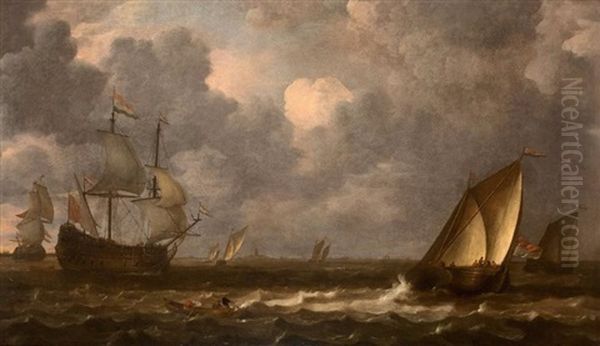 Navires Et Barque Sur Une Mer Agitee - view 1