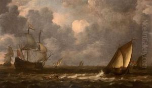 Navires Et Barque Sur Une Mer Agitee by Lieve Pietersz Verschuier