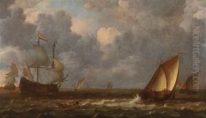 Ships And A Rowing Boat On A Choppy Sea Off The Coast by Lieve Pietersz Verschuier