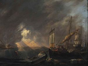 A Mediterranean Coast At Dawn With A Galliot Preparing To Unload Its Cargo, A Frigate Being Caulked Beyond