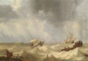 Ein Dreimaster Und Fischerboote Auf Bewegter See In Kustennahe by Lieve Pietersz Verschuier