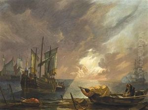 A Mediterranean Coastal Landscape At Dusk, With Fishermen Unloading Their Boats, And A Man-o-war Beyond by Lieve Pietersz Verschuier
