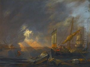 A Mediterranean Coast At Dawn With A Galliot Preparing To Unload Its Cargo Beside Classical Architectural Fragments, A Frigate Being Caulked Beyond