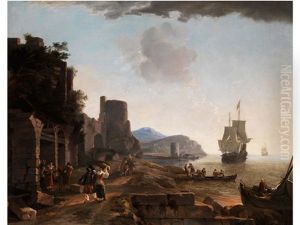 Sudliche Landschaft Mit Meeresbucht, Antikem Gemauer Und Rundturm Am Ufer Mit Figurenstaffage by Lieve Pietersz Verschuier