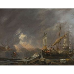 Mediterranean Coast At Dawn With A Galliot Preparing To Unload Its Cargo By Classical Architectural Fragments, A Frigate Being Caulked Beyond by Lieve Pietersz Verschuier