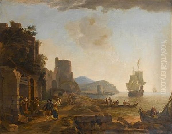 A Coastal Mediterranean Landscape At Dusk With Peasants Walking Beside Ruins, Seamen Coming Ashore And Vessels At Sea Beyond - view 1