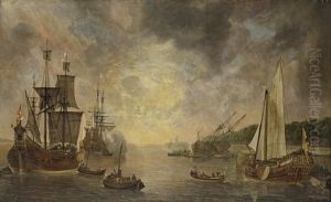 A Harbour With A Flute, A Frigate Firing A Salute, A Flute Being Careened And A States Yacht
