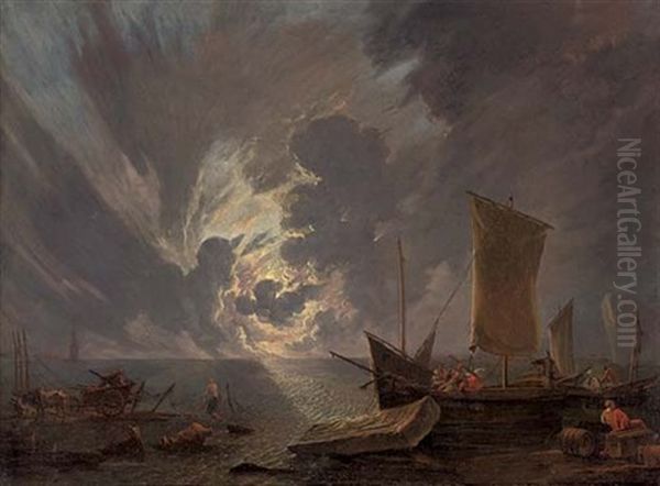 A Coastal Landscape At Sunset With Stevedores And Shipping - view 1