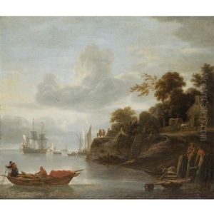A River Estuary With Men Casting Their Nets And A Cottage And Horses Beyond