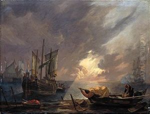 An Evening Coastal Scene With Sailors Unloading Their Cargo, A Man-o-war Firing A Salute In The Distance