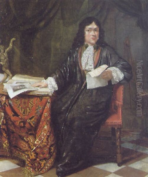 Portrait Of An Artist, Wearing A Dark Gray Robe And Lace Cravat Holding A Drawing, Seated At A Table In His Studio - view 1