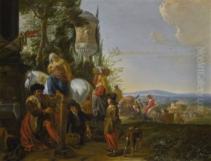 A Man Playing A Harp And Other Figures In An Italianate Landscape