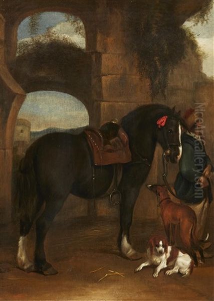 A Traveller Standing With His Horse And Dogs Among Classical Ruins - view 1
