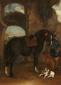 A Traveller Standing With His Horse And Dogs Among Classical Ruins