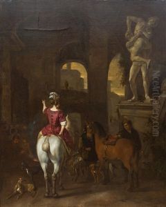 Figures And Horses In A Roman Courtyard
