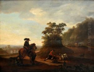 Een Page Helpt Een Jager Bij Het Afstijgen Van Zijn Paard In Een Italianiserend Landschap