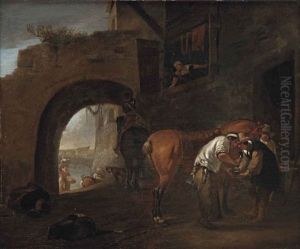 A Blacksmith On The Outskirts Of A City Wall, An Italianate River Landscape Beyond The Archway by Hendrick Verschuring