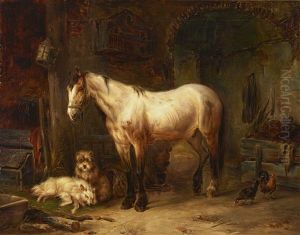 Schimmel Mit Hunden Und Huhnern Im Stall by Wouter Verschuur